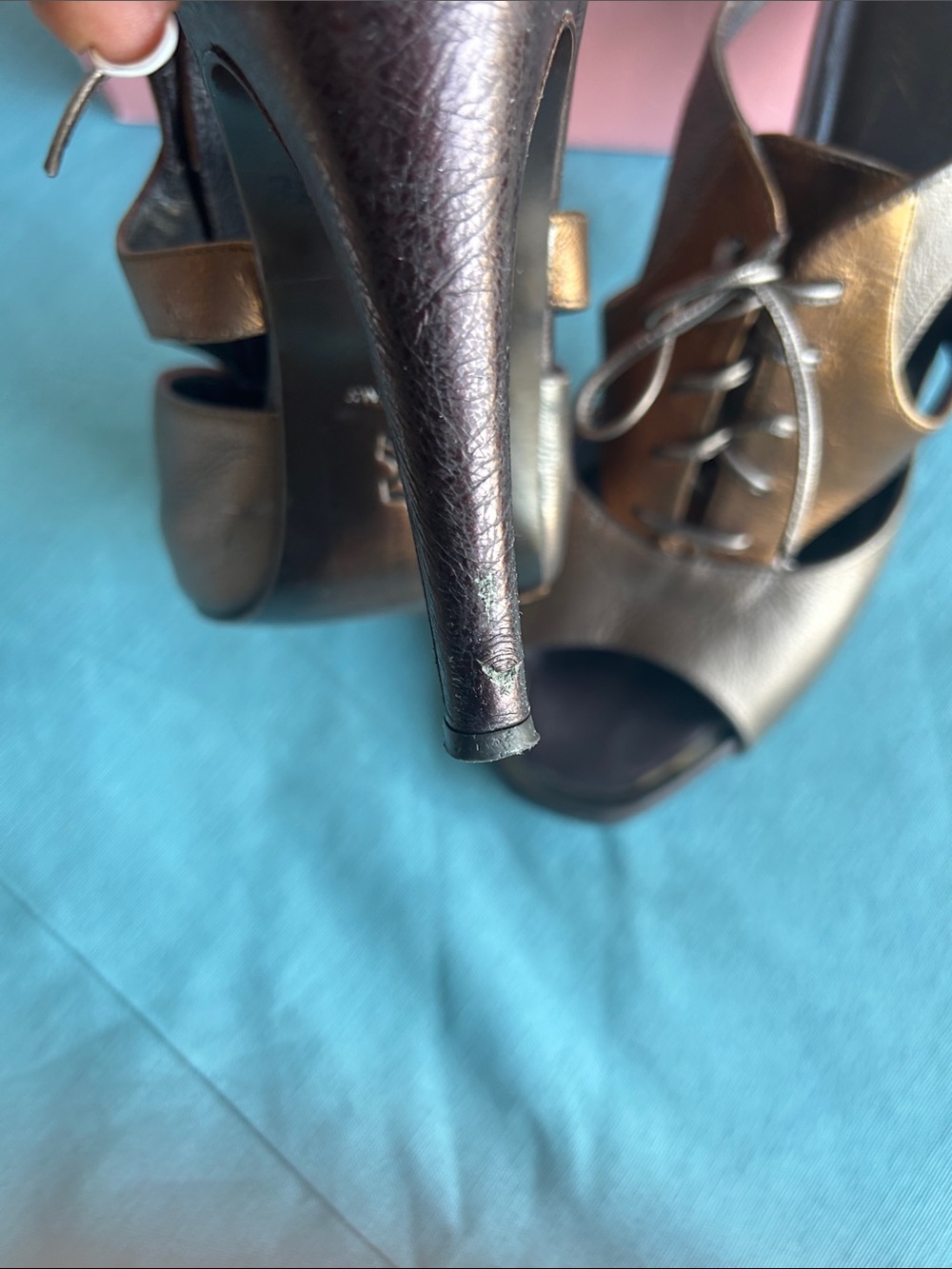 Donald J. Pliner Metallic Bronze and Gold Lace-Up Slingback Heels - Picture 2 of 6